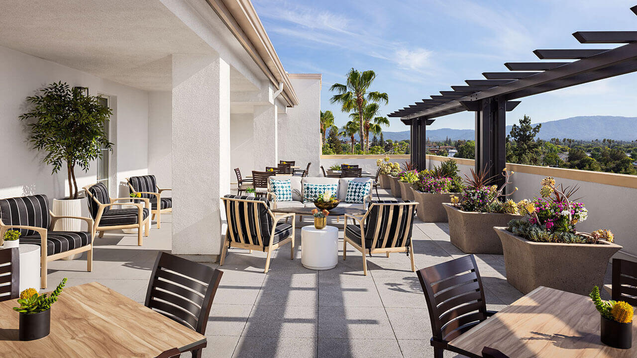 Outdoor terrace at Belmont Village Senior Living in San Jose