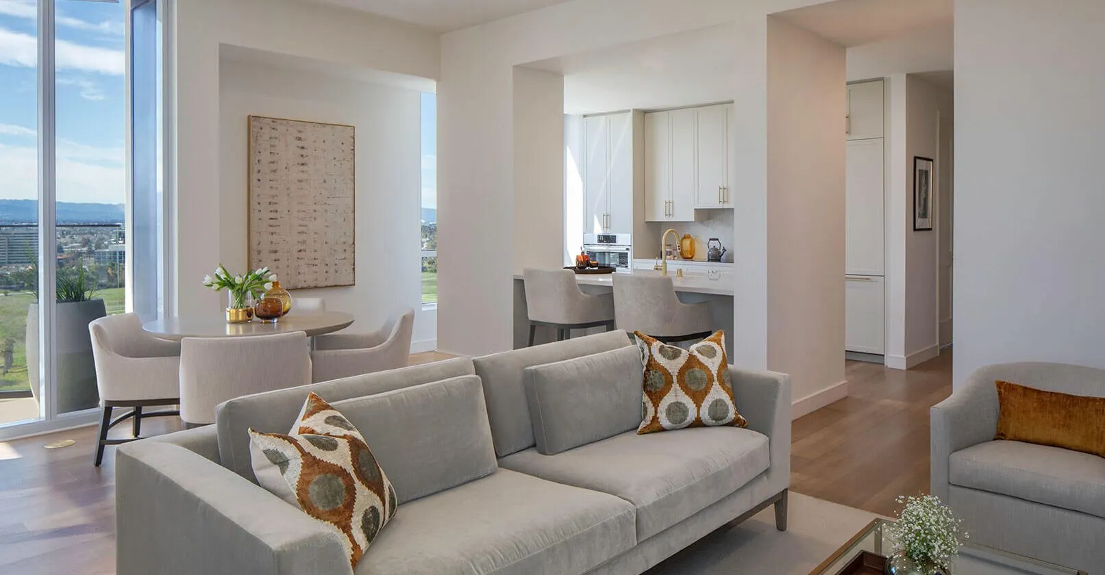 Apartment living room at Ellore Luxury Senior Living in Santa Clara